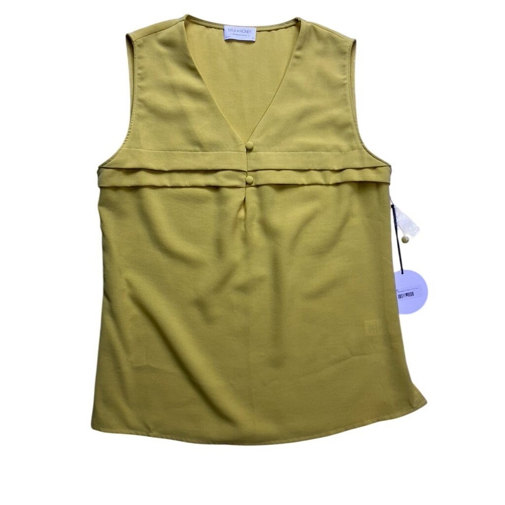 Milk + Honey Essentials‎ Tank Top Women S Yellow NEW Pleated V-Neck Blouse